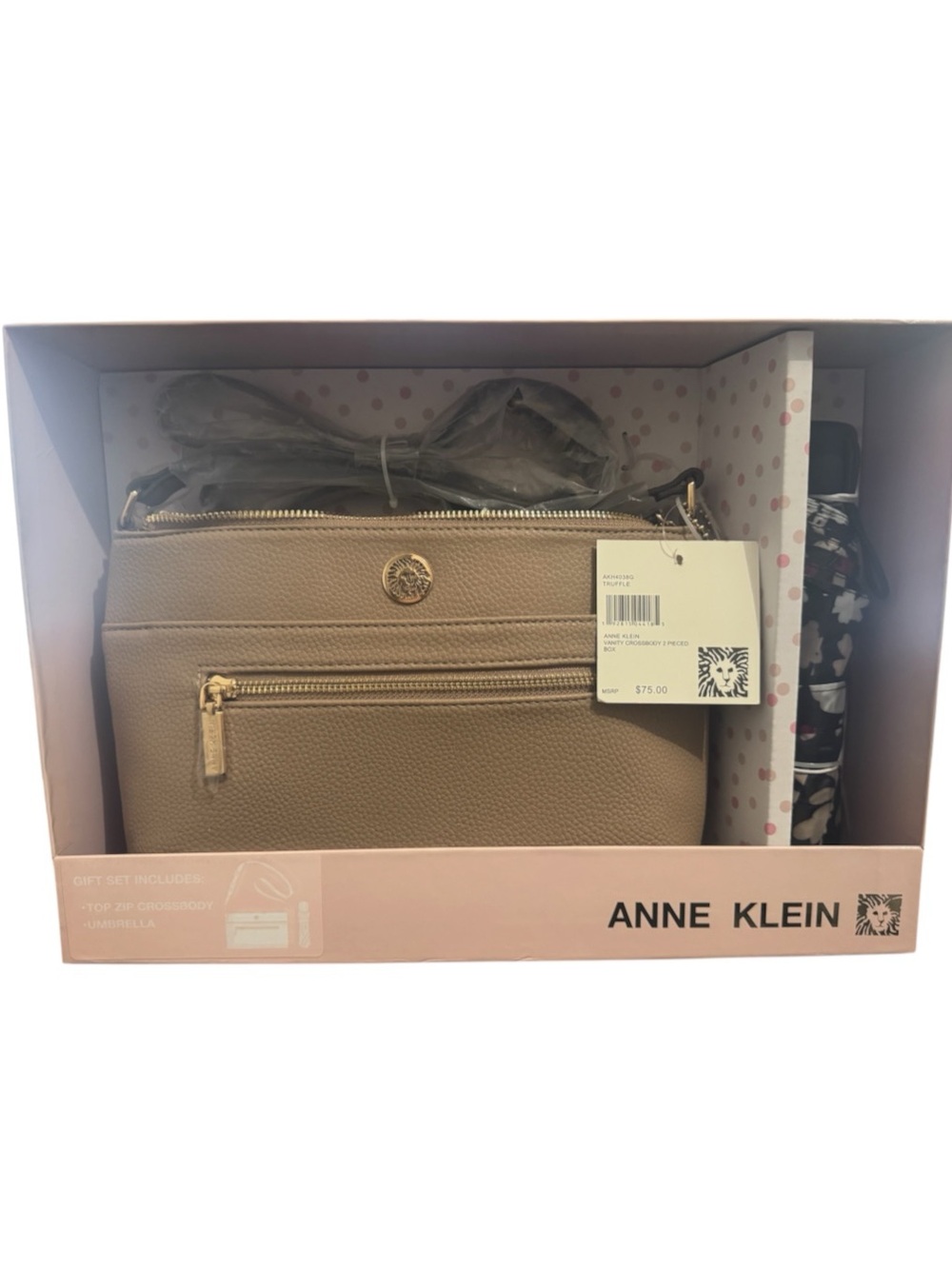 Anne Klein Taupe Pebbled Crossbody Bag with Gold Accents
